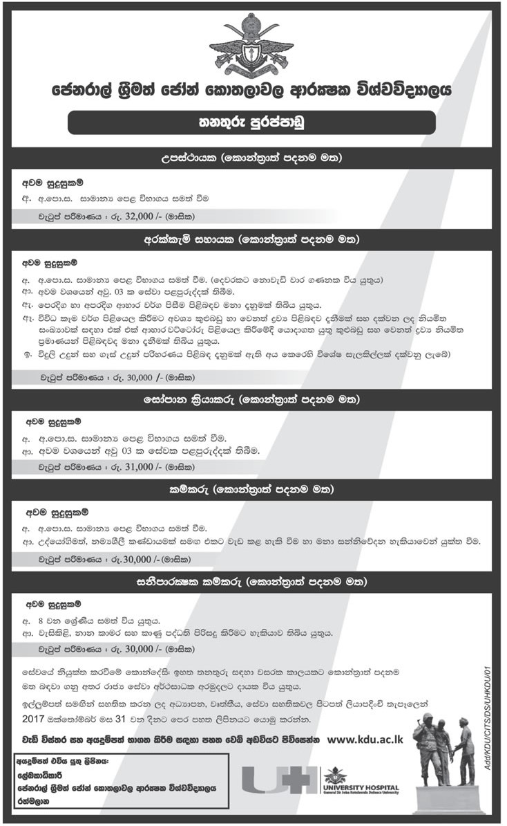 Attendant, Cook Helper, Lift Operator, Labourer, Sanitary Labour - General Sir John Kotelawala Defence University